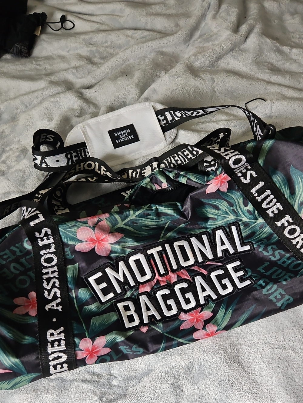 ASSHOLES LIVE FOREVER Emotional Baggage Floral Travel GYM Duffel - Black & Pink